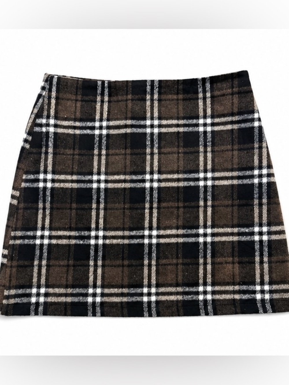 AULKEEP Brown Black Plaid Wool Blend Mini Skirt Size L